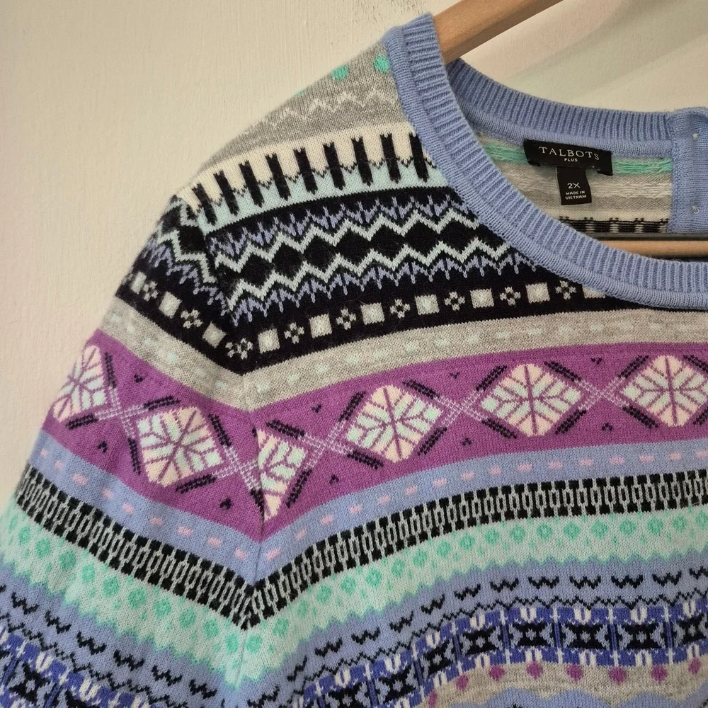 Talbots Women's 2X Lambs Wool Fair Isle Nordic Sweater Breathable Cabincore Ski